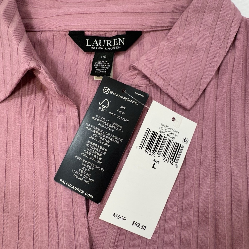 Lauren Ralph Lauren Rose Muave Ribbed Polo Blouse Preppy Office Womens Large NEW - Picture 8 of 13